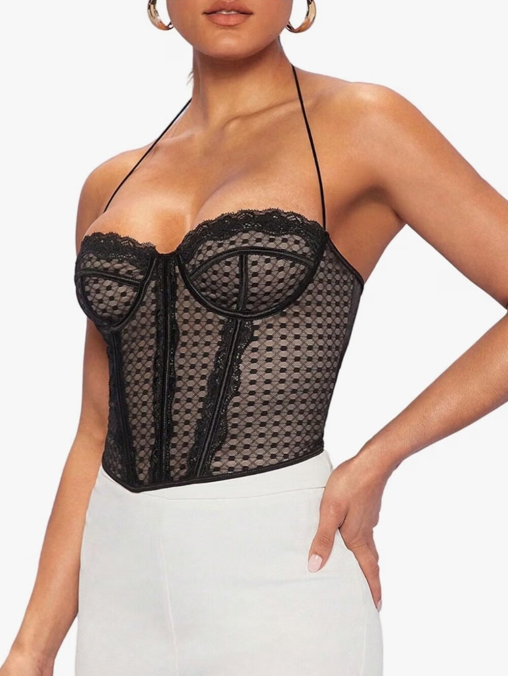 Sheer Lace Bustier Halter Bodysuit - Black
